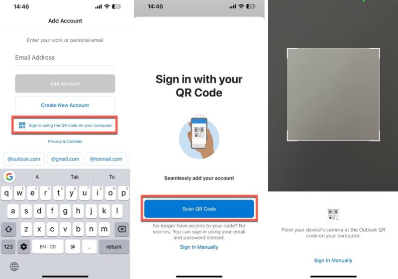Outlook mobile app QR code login process outlined.