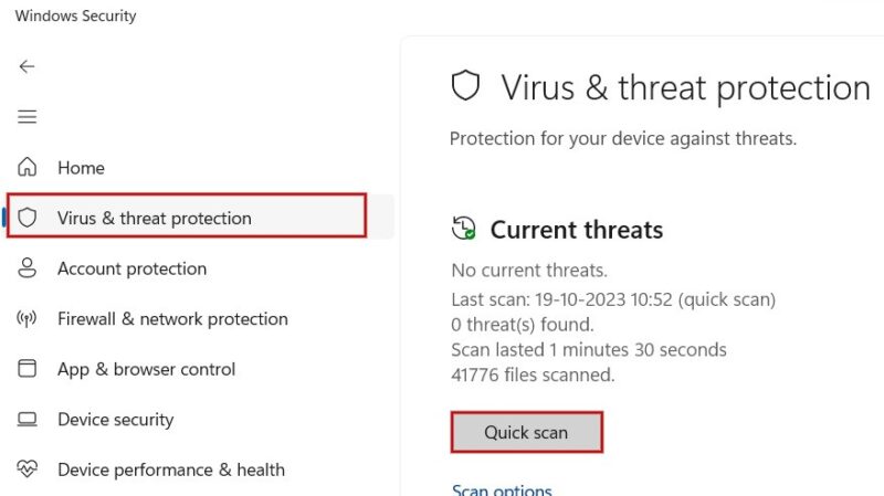 Running a "Quick scan" from Windows Security app. 