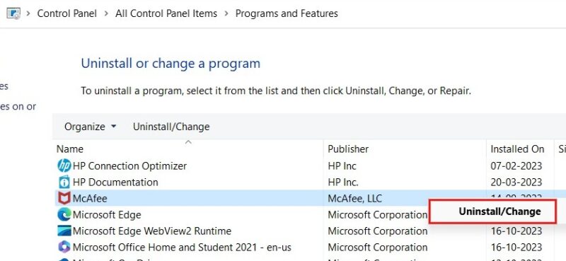 Uninstalling McAfee from Control Panel.