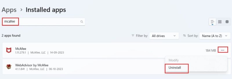 Removing McAfee antivirus from Installed apps in Windows Settings.