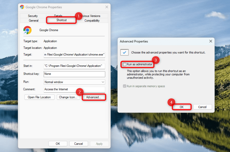 Checking "Run as administrator" option in "Advanced Properties" window. 