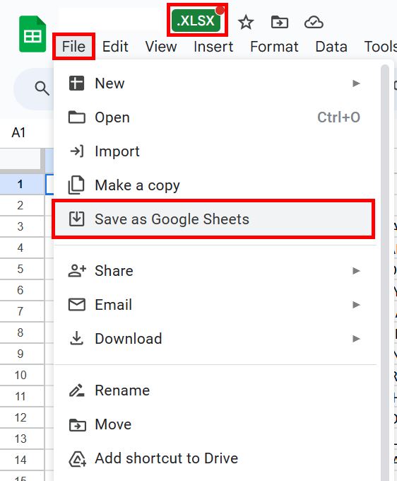 Clicking "Save as Google Sheets" option in Google Drive.