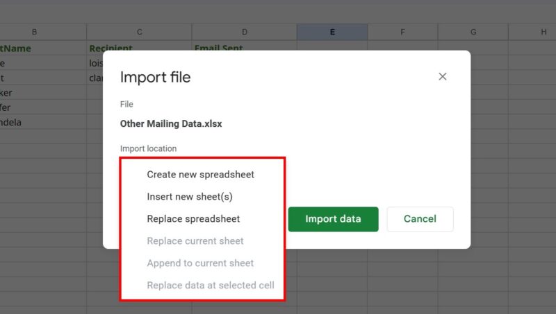 Selecting import destination for Excel spreadsheet in Google Sheets.