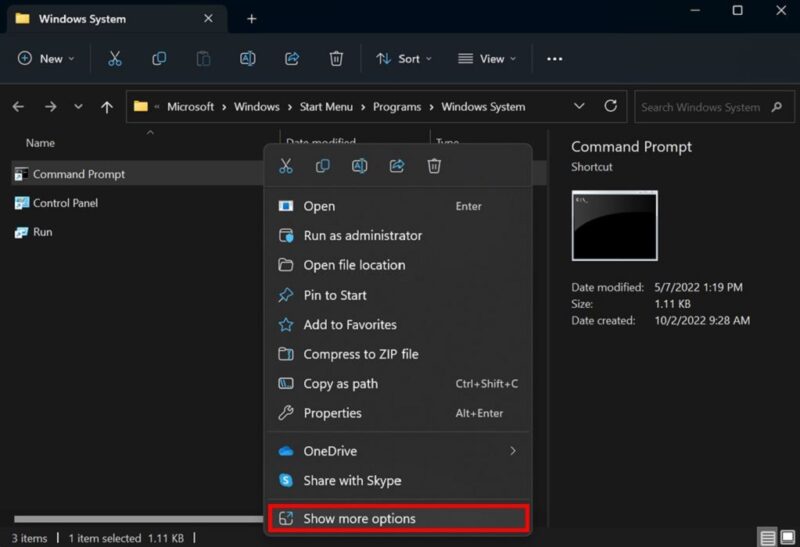"Show more options" visible in the right-click context menu.