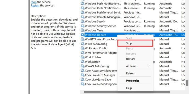 Stopping Windows Update service.