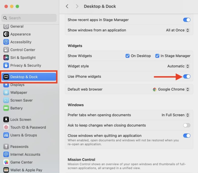 Scroll down to Desktop & Dock, and toggle Use iPhone Widgets to on.
