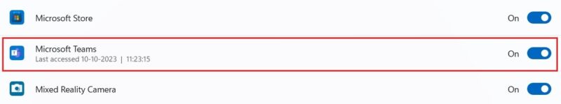 Enabling Microsoft Teams toggle in Windows Settings.