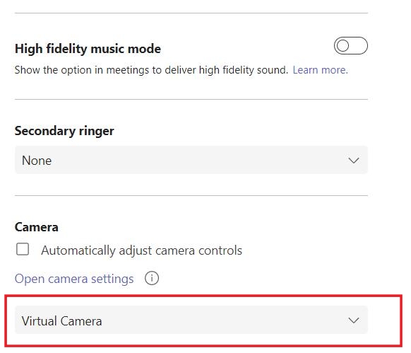 Checking if correct camera is selected in Microsoft Teams desktop app.
