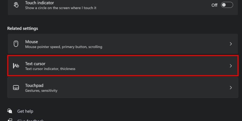 Going to text cursor settings in Windows