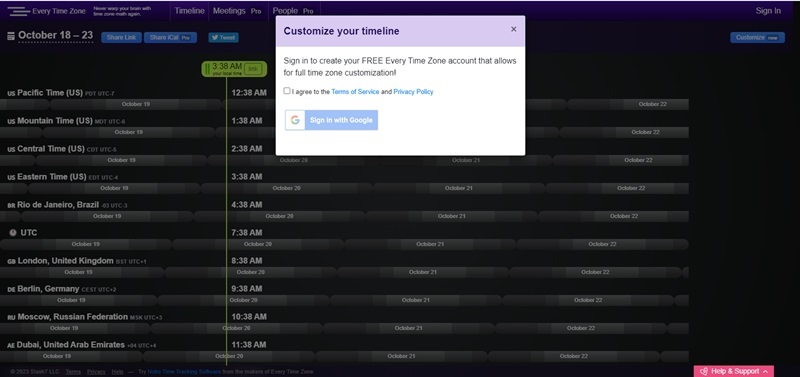 Creating an account on Every Time Zone to customize timeline.