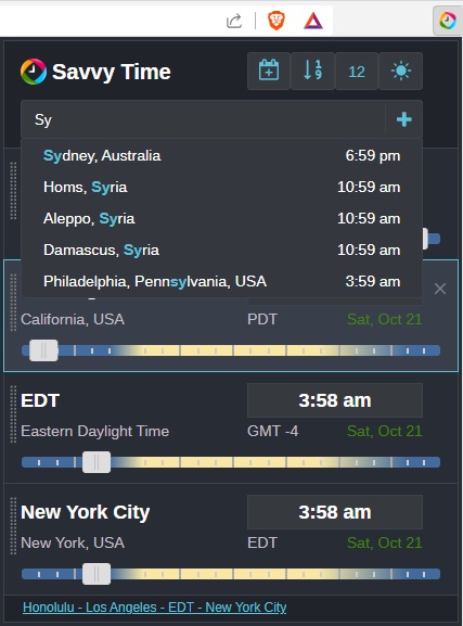 Example of searching for locations in Savvy Time extension.