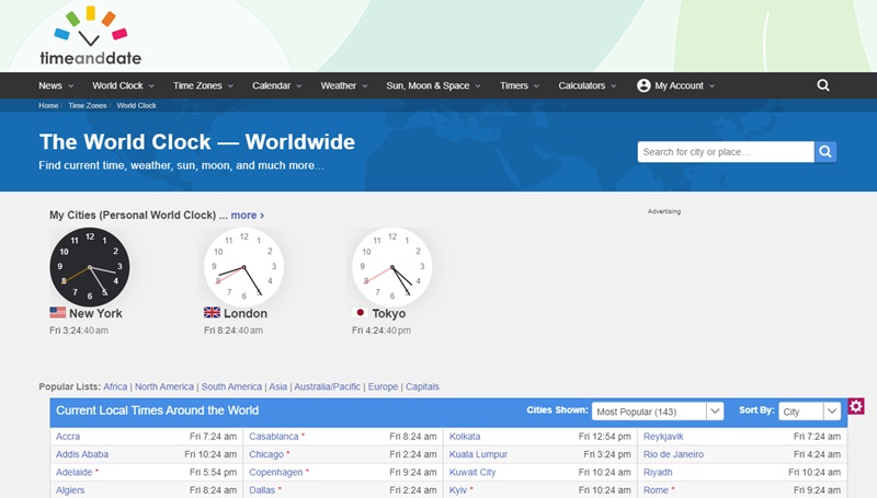 Example of TimeandDate's world clock list, along with personalized clocks.