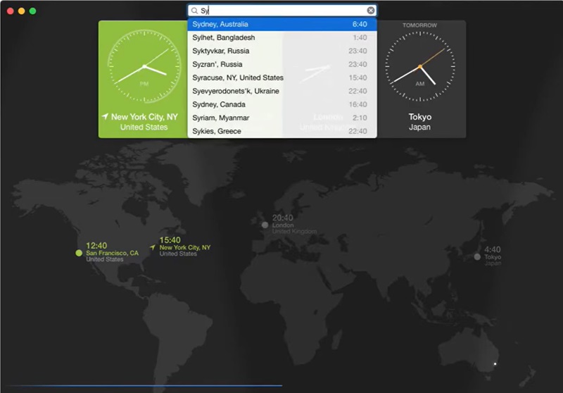 Searching for cities in World Clock Pro.