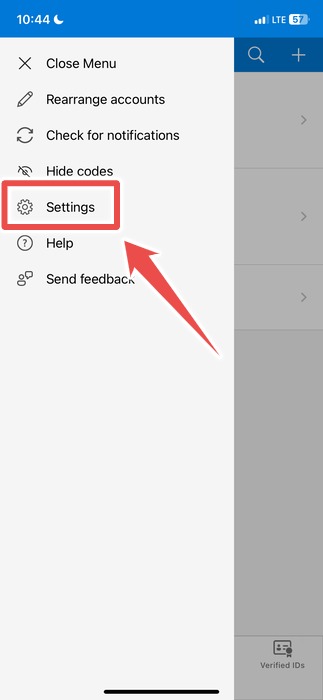 Click on Settings in Microsoft Authenticator app for iOS.