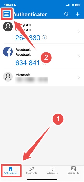 Tapping on hamburger menu in Microsoft Authenticator app on iOS.