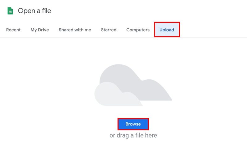 Uploading a new spreadsheet to Google Sheets.