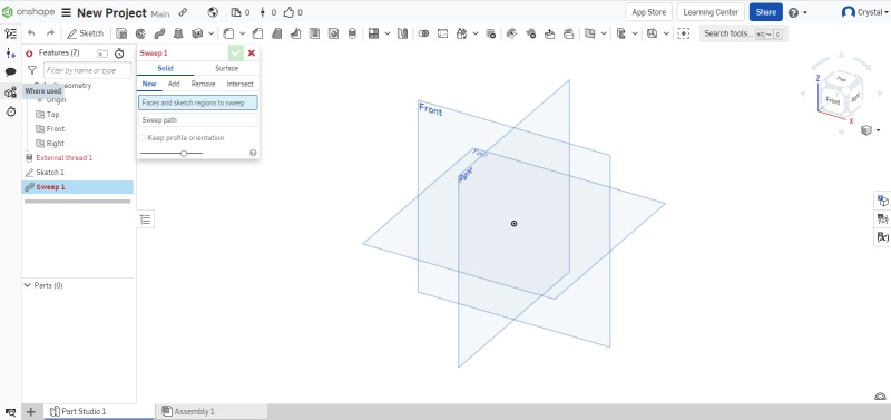 Setting up a new project in Onshape.