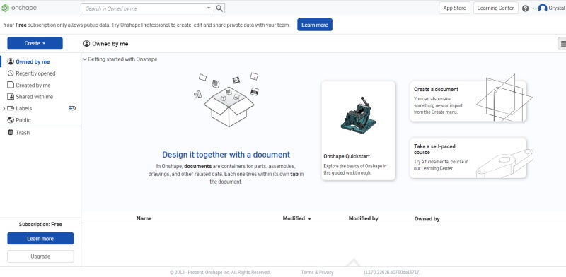 Onshape new project dashboard.