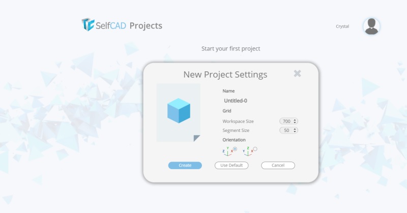 SelfCAD new project setup settings.