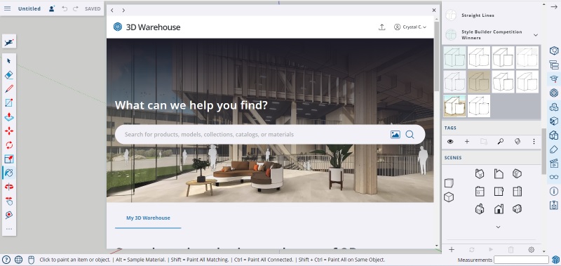 SketchUp Free 3D warehouse asset list.