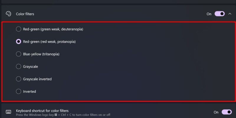 Turning on color filters on Windows