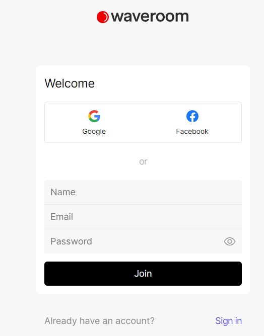 Signup screen for Waveroom.