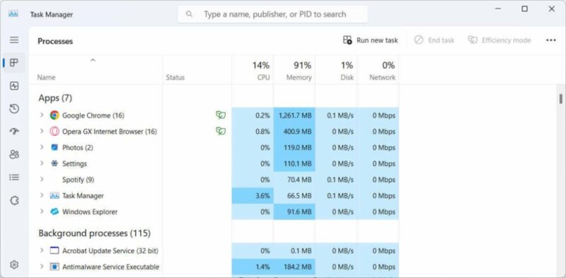Task Manager displaying Memory usage for Chrome and Opera GX.