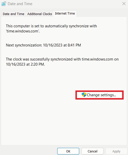 Clicking on "Change settings" button in Date and Time window.