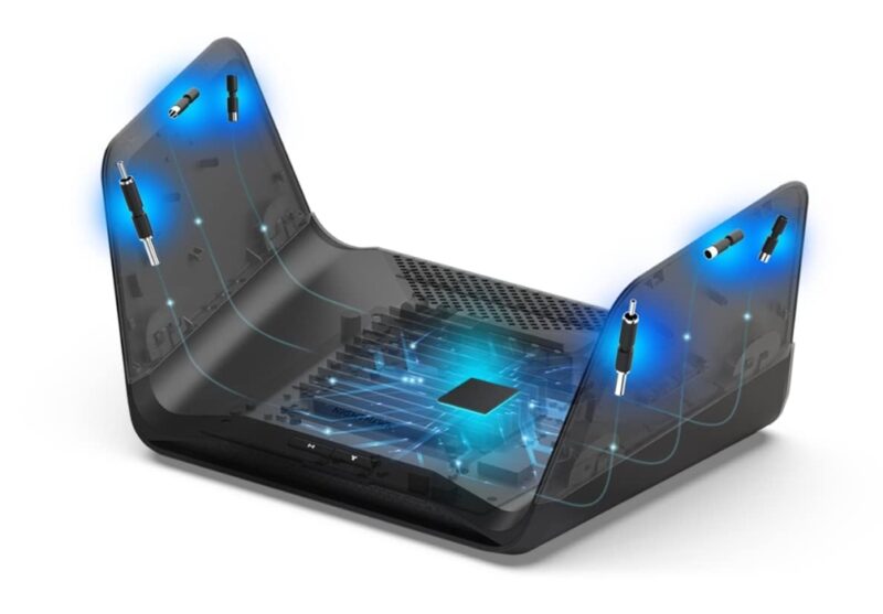 Black Netgear Nighthawk WiFi 6E router showing 6 internal antennas