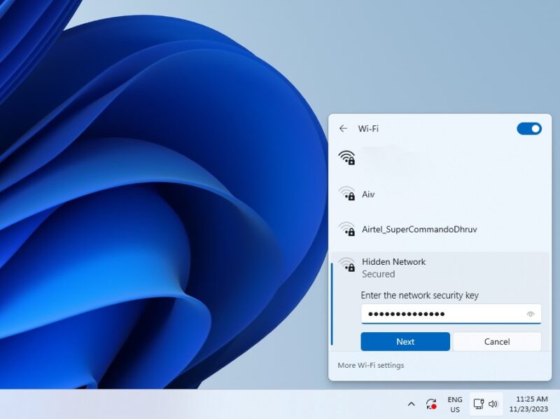Enter hidden network security key