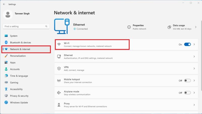 Screenshot of Windows 11 network settings