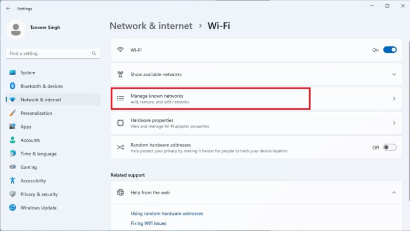 Click manage known networks 