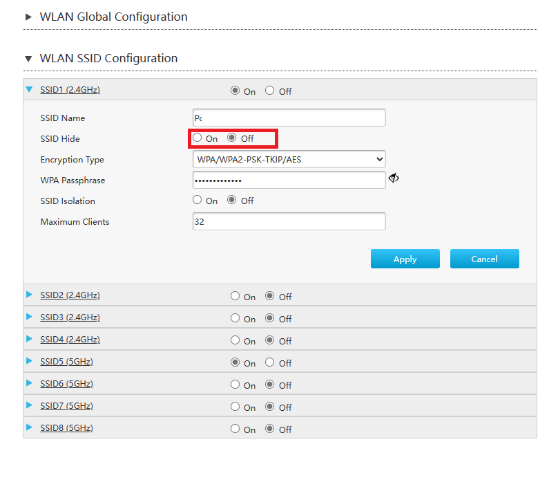 WLAN SSID Configuration SSID Hide