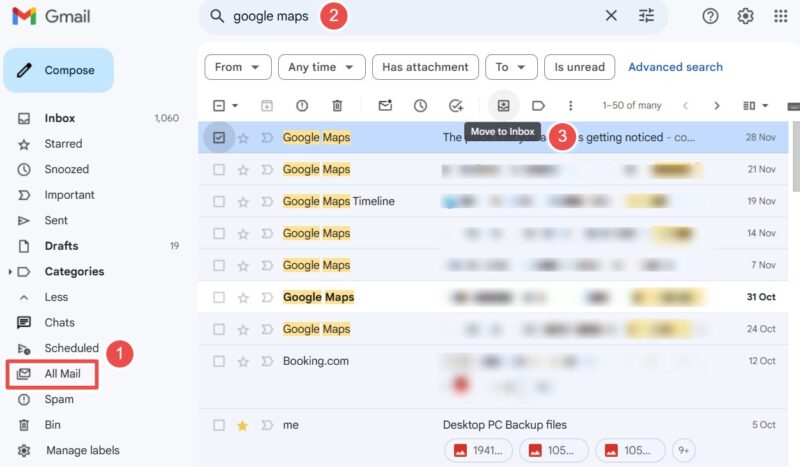 Unarchive the archived emails from "All mails" by moving them to inbox.