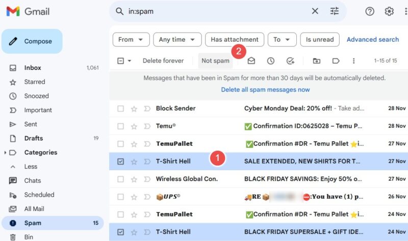 Click "Not Spam" for select emails in Gmail's Spam folder.