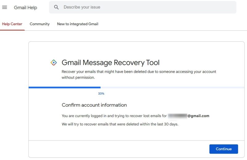 The Gmail Message Recovery Tool webpage. 