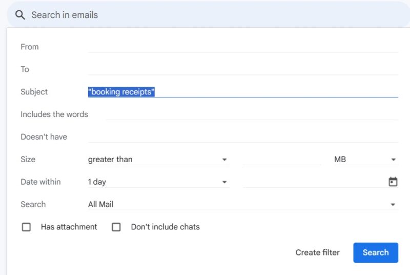 Searching for Gmail emails using keywords with exact quotations.