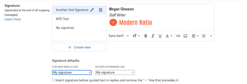 Signature Defaults in Gmail
