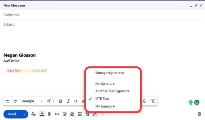 Multiple Gmail Signatures Selection Menu