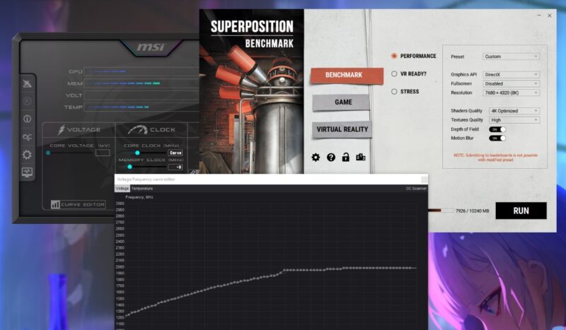 Desktop showing various programs for gpu undervoltnig