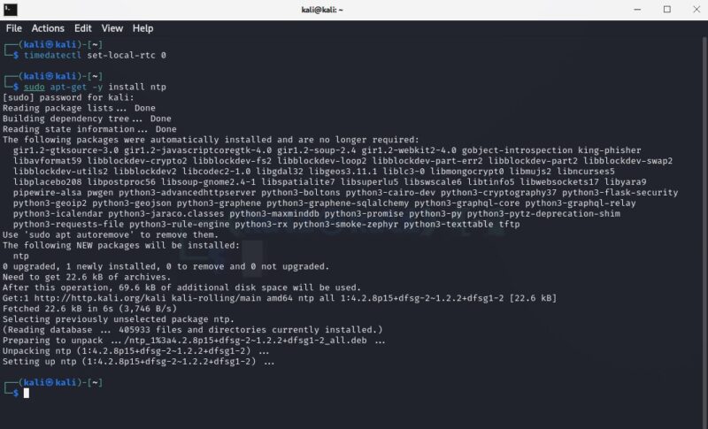 Linux terminal screenshot showing how to synchronize time with NTP