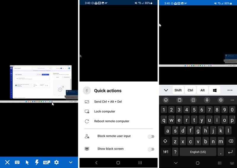 TeamViewer Android app showing a remote connection to Windows.