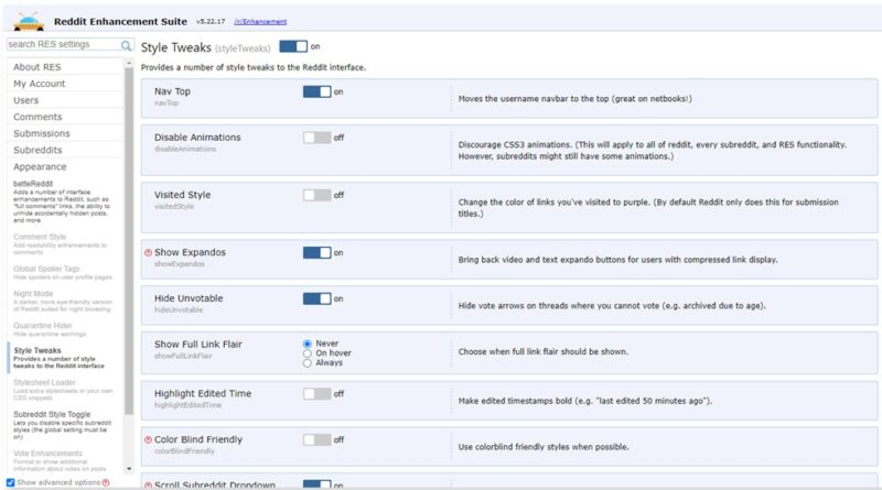 Reddit Enhancement Suite's Style Tweaks settings for Reddit.