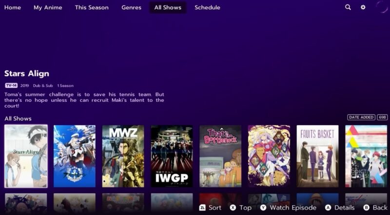 Watching anime on Funimation Switch app.