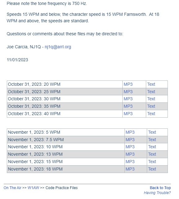 List of practice transmission files and the text answers.