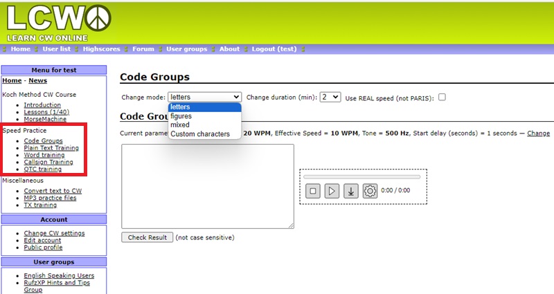 Practicing lessons with the Code Groups tool in Speed Practice.