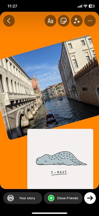 Instagram Story with two images against solid color backdrop. 