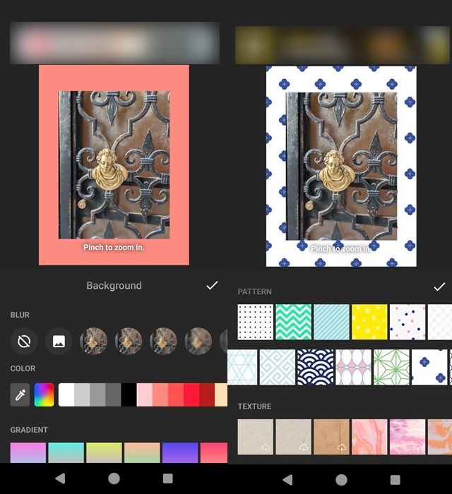 Selecting a new background for image in Inshot app.
