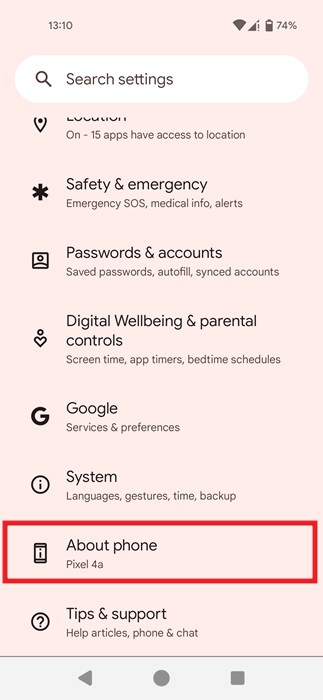Selecting "About phone" options in Android Settings.