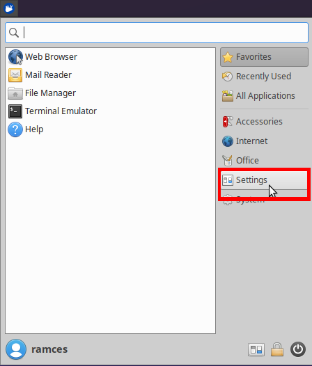 A screenshot highlighting the Settings button inside the XFCE main menu.